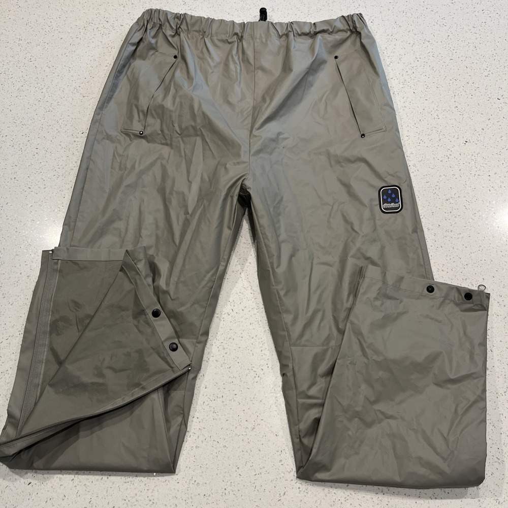 Eddie Bauer Waterproof Pants Mens L Beige Rain Over PVC Elastic Hunting Fishing